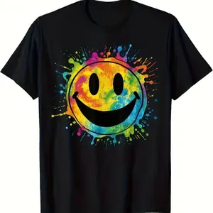 Unisex Vibrant Splatter Paint Smiley Face Graphic Cotton Short Sleeve T-Shirt - Round Neck, Fits Smooth, Minimalist Basic Solid Sports Top