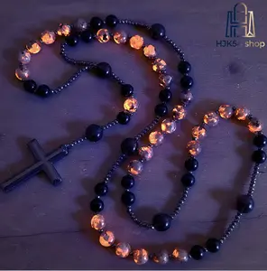 Black & Tiger Eye Beaded Rosary Necklace with Cross Pendant, Long Religious Prayer Bead Chain, Hematite Accent Christian Jewelry for Men & Women, Spiritual Faith Accessory