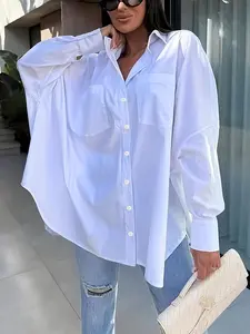 Plus Size Solid Color Button-Down Shirt – Basic Casual Loose-Fit Long-Sleeve Pocket Blouse, Trendy Street Style Outfit, Summer Beach Cover-Up, Daily Office Layering Top, Y2K Aesthetic Clothes, Matching Ripped Jeans, Women, Womenswear, Spring