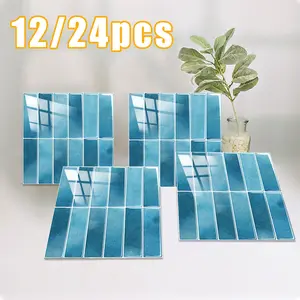 12pcs/24pcs Blue Self-Adhesive Wall Tiles Stickers, 3D Thickened Decorative Tile Decals for Kitchen Renovation, Home Decor, Floor Decoration, Kitchen Bathroom Decoration