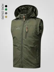 Men's Letter Graphic Embroidery Drawstring Zip Up Vest Zipper Hooded Vest Jacket, Regular Fit Casual Pocket Sleeveless Outerwear for Fall & Winter, Men's Clothes for Outdoor Activities