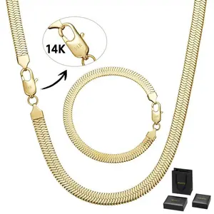 [New Upgraded Set]  14K Gold Plated Dainty Herringbone Choker Necklace for Women Man Snake Sleek Flat SnakeChain Necklaces Multiple Lengths Jewelry