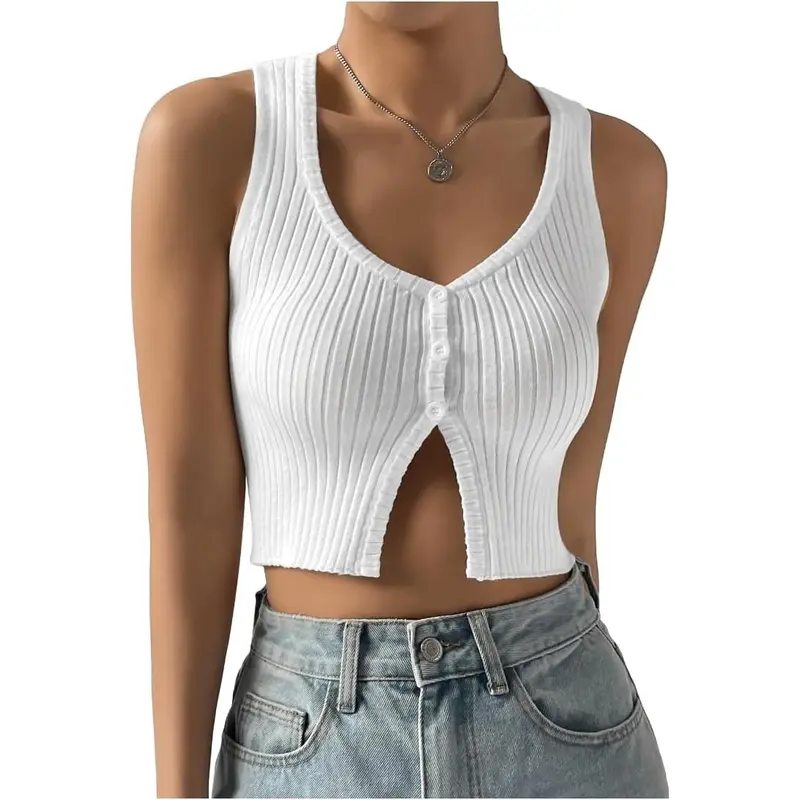 Women's Button Front Ribbed Knit Crop Tank Top Scoop Neck Sleeveless Casual Plain Crop Top Womenswear Bridal Short Basic Minimalist Skinny Slim Vneck White babydoll tops tubetops summer tops crop tops weighted vests women