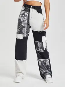 Y2K Patchwork Walnut Flower Denim Jeans High Waist Colorblock Frayed Straight Leg, Fashion Slim-Fitting Jeans for Spring & Fall, Womenswear