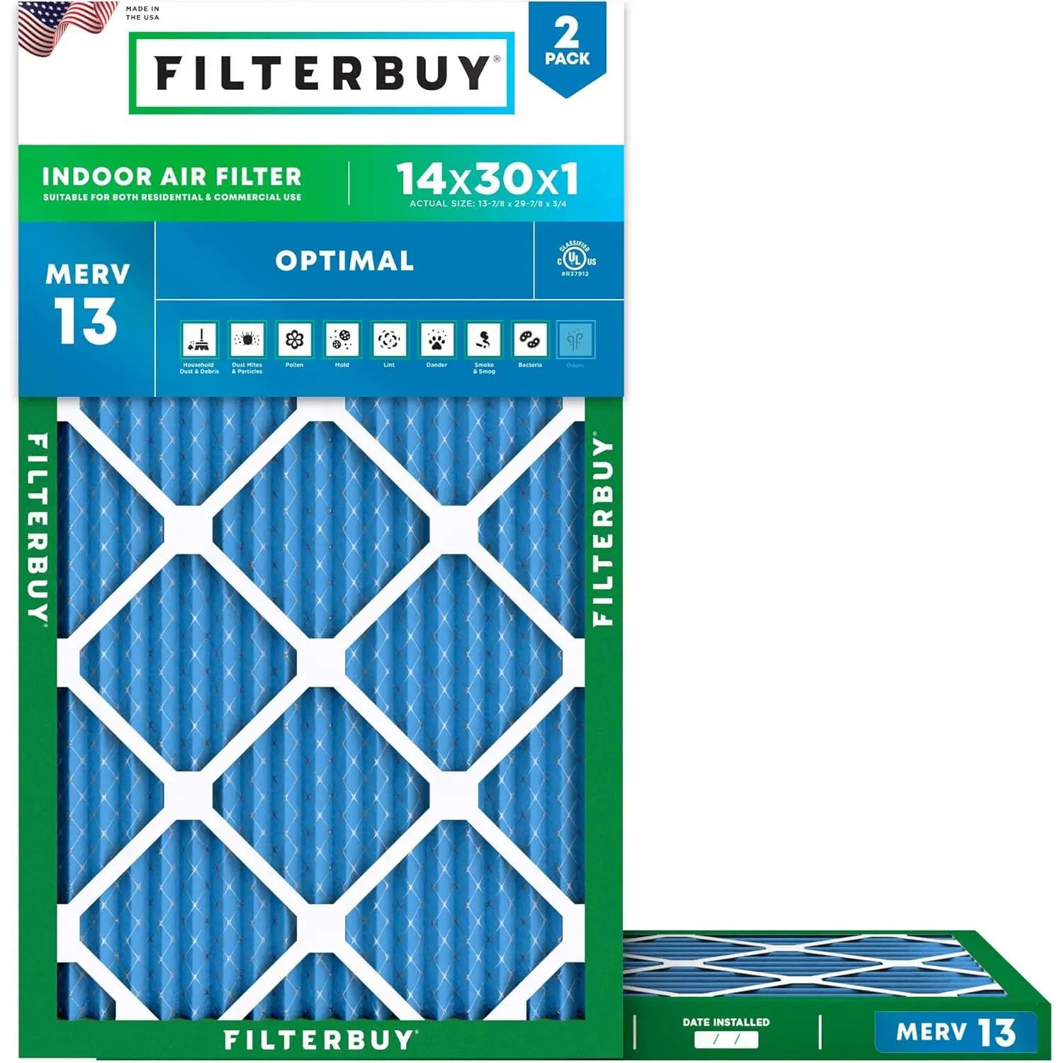 Filterbuy 14x30x1 Air Filter (2-Pack), Pleated MERV 13 Optimal Defense HVAC AC Furnace Air Filters (Actual Size: 13.88 x 29.88 x 0.75 Inches)