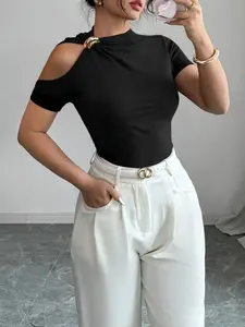 Women's Off Shoulder Short Sexy Sleeve Metal Decorated Hollow Out Solid Color Fashion T-shirt Daily Casual Commute Tops