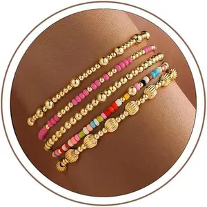 Gold Beaded Bracelets for Women Girls - Dainty 14K Gold Plated Turquoise Cross Bead Bracelet Pearl Bracelets Set for Women Heishi Clay Beaded Bracelet Jewelry Gifts for Teen Girls