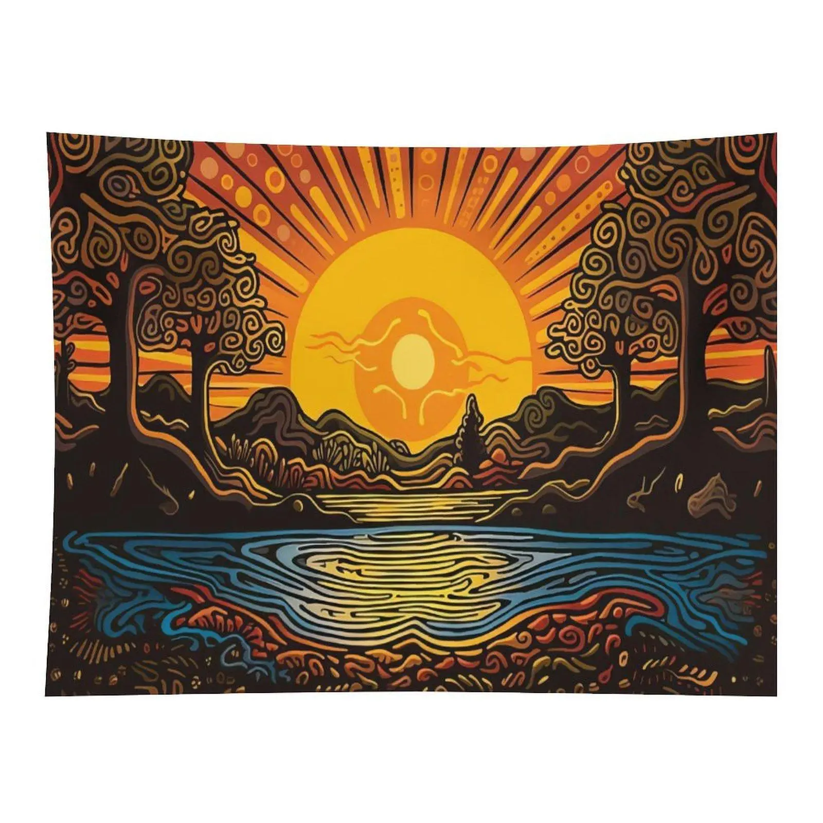Vintage Sunset Lake Scenery Swirl Tree Folk Art Tapestry Warm Orange Nature Landscape Wall Hanging For Rustic Home Interior Decoration