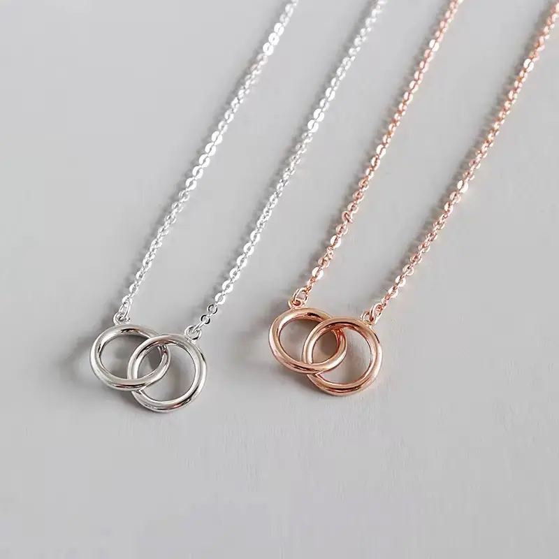 925 Sterling Silver Double Circle Necklace – Minimalist Interlocking Rings Pendant Chain for Women