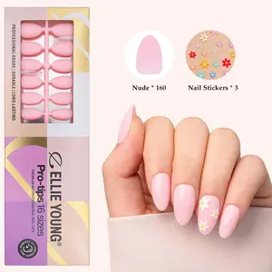 ELLIE YOUNG PRO-TIPS Short Almond Solid Pink Tips, 160pc Press-On Nails Kit – 16 Sizes, includes DIY Nail Art Stickers, Matte Gel Acrylic Look, Professional Full Cover Pre-Shaped Gel Extensions for Salon Results at Home