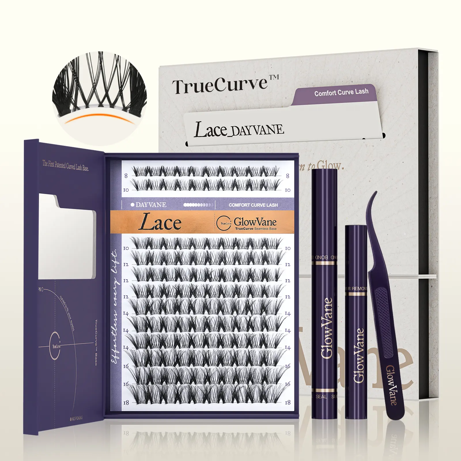 Lace | GlowVane TrueCurve Lash Clusters Kit Manga Volume 0.03mm Curved Band Soft Lightweight 8-18mm DD Curl DIY Lash Extensions for Beginners