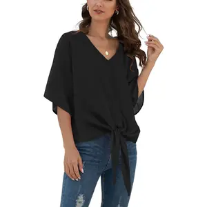 VIISHOW Womens Tie Front Chiffon Blouses V Neck Batwing Short Sleeve Summer Tops Shirts Polyester Loose