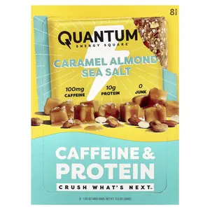 Quantum Energy Square Caffeine & Protein Bar, Caramel Almond Sea Salt, 8 Bars, 1.69 oz (48 g) Each