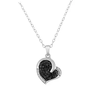 Sterling Silver Black & White Natural Diamond Heart Necklace 0.53 Ct