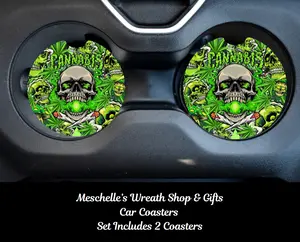 Skull Theme Car Coasters, 2-Pack Sublimated Print Neoprene/Ceramic Cannabis Design Spill-Proof Automotive Interior Accessories for Cup Protection, 2 Pack Size
