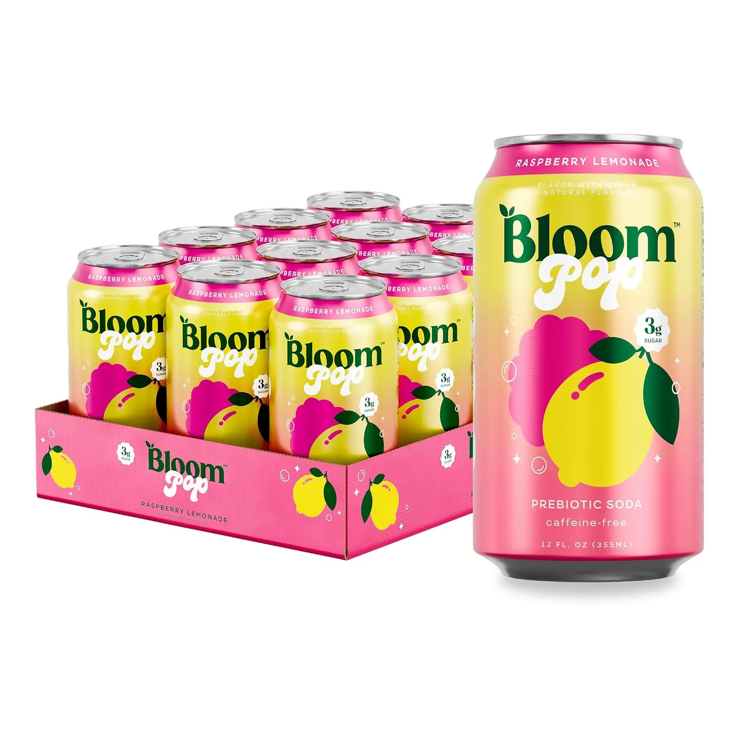 Bloom Pop Prebiotic Soda Raspberry Lemon 12Pack - Crisp Sparking Gut Support & Hydration Drink