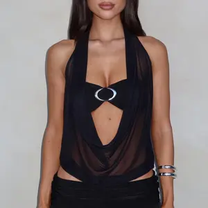 Women’s two-piece sleeveless backless half-neck sheer top with bra, suitable for club gatherings GARMENTARY