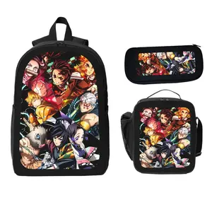 Demon Slayer-themed Backpack Three-Piece Set Anime Character Design School Bag Lunch Bag & Pencil Case Durable Materials for School & Outdoor Activities