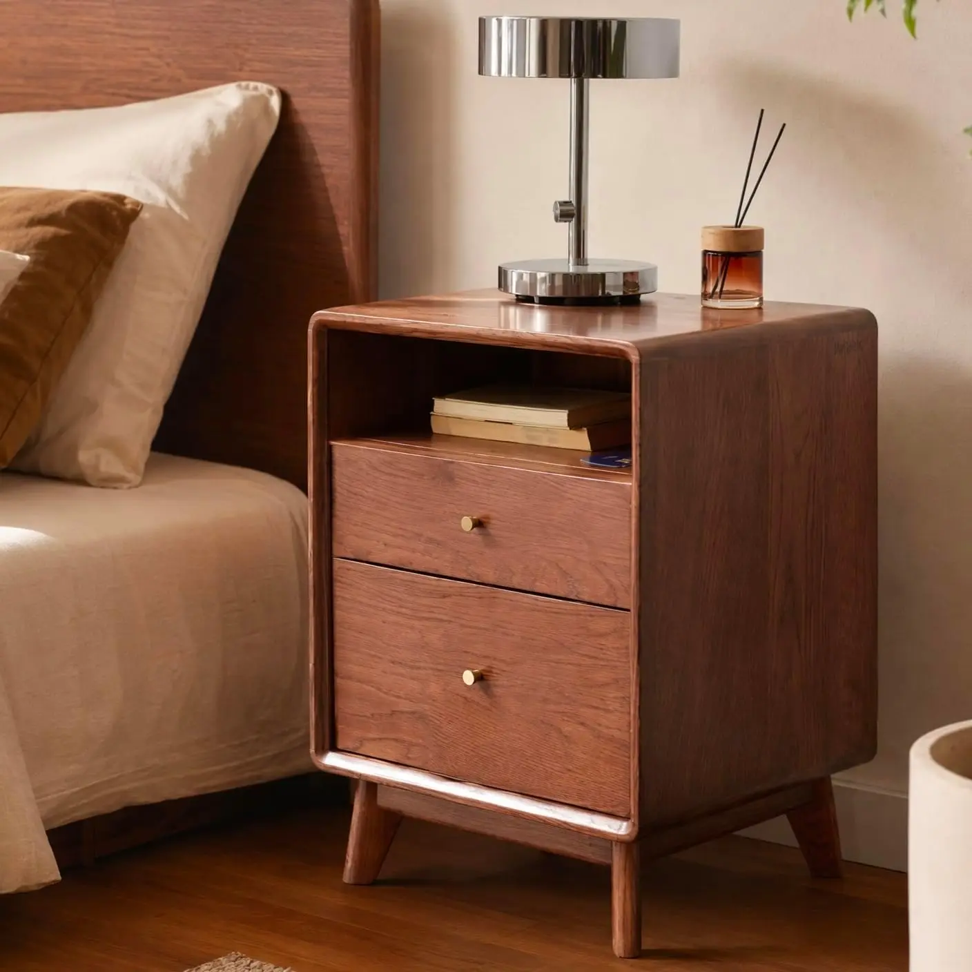 YESWOOD 100% Solid Wood Nightstand, Walnut Nightstands with Open Storage & 2 Drawers, Mid Century Modern Nightstands, 24" H Tall Night Stand, Wooden Bedside Table for Bedroom