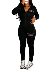 Women's Letter Print Zip Up Jacket & Skinny Pants Two-piece Set, Casual Long Sleeve Zip Front Outerwear & Trousers for Daily Wear, Ladies Sportswear for All Seasons, Sweatsuits Set