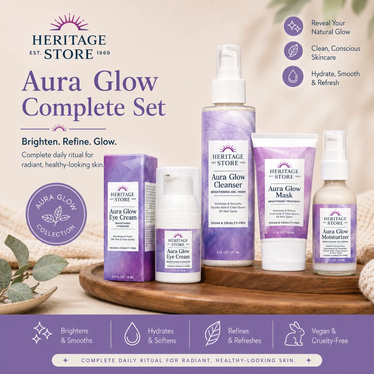 Aura Glow Complete Set (Cleanse, Moisturizer, Eye Cream, & Mask) Moisturizing Set Skin Care Products