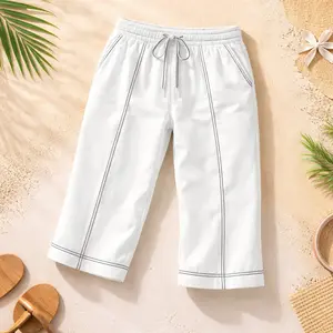 Women's White Casual Drawstring Cropped Pants - Contrasting Stitch Detailing, Adjustable Drawstring Waist, Relaxed Fit, Suitable for Daily Outings, Casual Gatherings & Weekend Errands, Stylish Cropped Length Bottoms for Ladies
