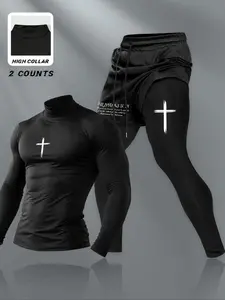 High Neck Long Sleeve Sports Pants Set, Athletic Activewear Tracksuits, Casual Loose-Fit Kint Fabric, Spring & Fall Moderate Thickening, Two-Piece