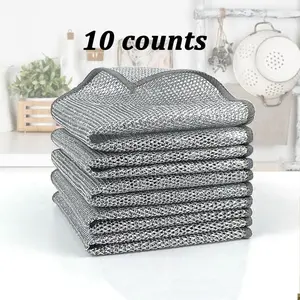 10 Pcs New Upgrade Multipurpose Wire Dishwashing Rags Non-Scratch Silver Wire Dishcloths for Wet & Dry Use Reusable Kitchen Cleaning Cloths for Sinks Pans Silver Removable Household Mesh Dishcloth Micofiber Towels