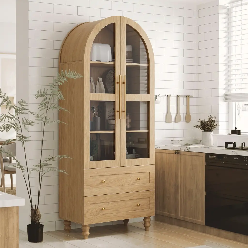 Walsunny 70" Tall Arched Kitchen Pantry, Modern Farmhouse Wooden Glass-Door Kitchens Storage Cabinets with 2 Large Drawers and 4 Shelves, Versatile Cupboard for Kitchen, Dining Room, Bathroom, Natrual Mother's Day Gift
