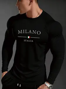 Men's Fitted Long Sleeve Tight Fit Shirt, Milano Italia Italian Flag Print, Minimalist City Style, High Stretch Breathable Fabric, Fitness