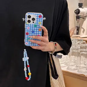 Crystal transparent white light blue grid color flower phone case with chain for iPhone 11 12 13 14 15 16 pro max