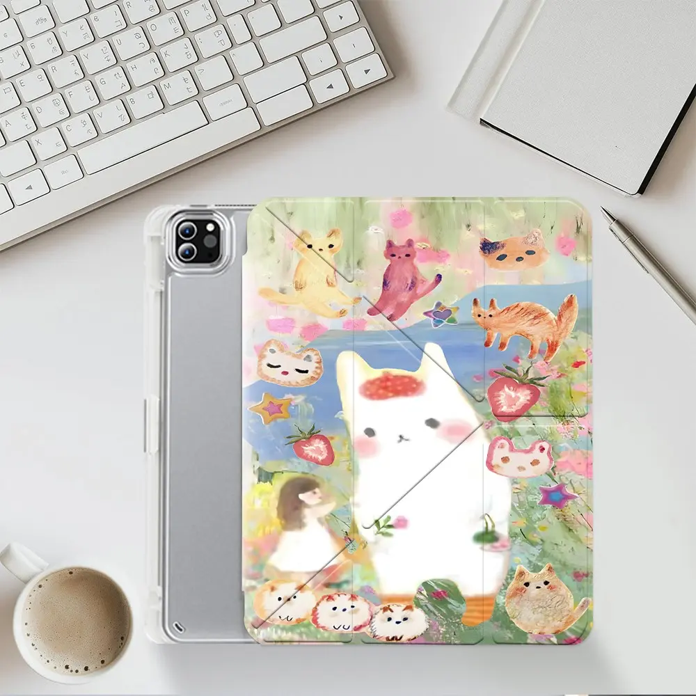 Watercolor Cute Bunny Fox & Strawberry Pattern iPad Case - Transparent Acrylic Stand Cover with Pencil Holder & Charger Slot, Fits iPad Pro 11/12.9 (2025-2021), Air 5/4, Mini 6/5, Shock-resistant Full Cover Protective Case, Perfect Gift for Offices School