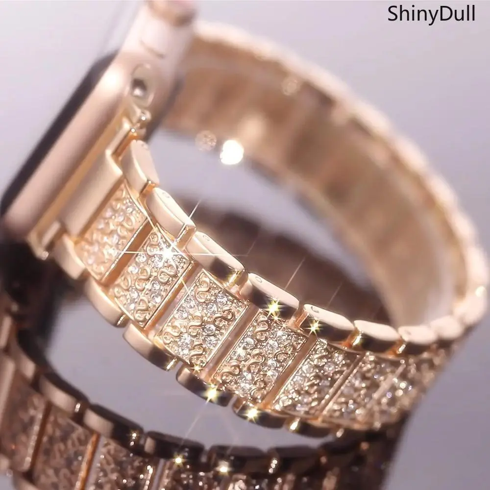 Women's Rose Gold Glamorous Metallic Bling Rhinestone Stainless Steel 3-Bead Bag Charm, Formal Valentine Thanksgiving Mother’s Day Accessory, Wearable Smart Watch Band Compatible with 38-49mm Series 1-11, SE & Ultra Stopwatch-Timer Devices, Adjustable, Ac