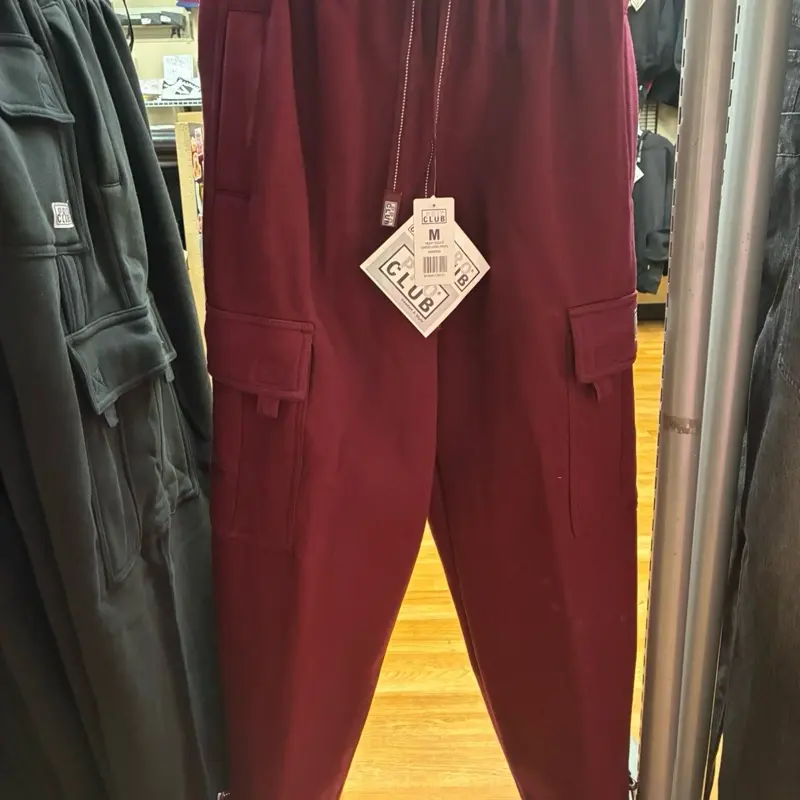 PRO CLUB Heavy Fleece Cargo Long Pants Maroon Red with Pockets and Drawstring Waist