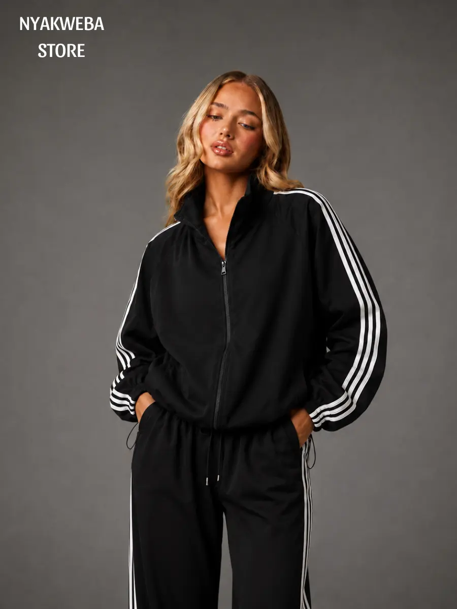 NYAKWEBA Womens Three Stripe Zip Up Tracksuit Jacket Sporty Stand Collar Oversized Athletic Track Jacket Streetwear Activewear Outerwear