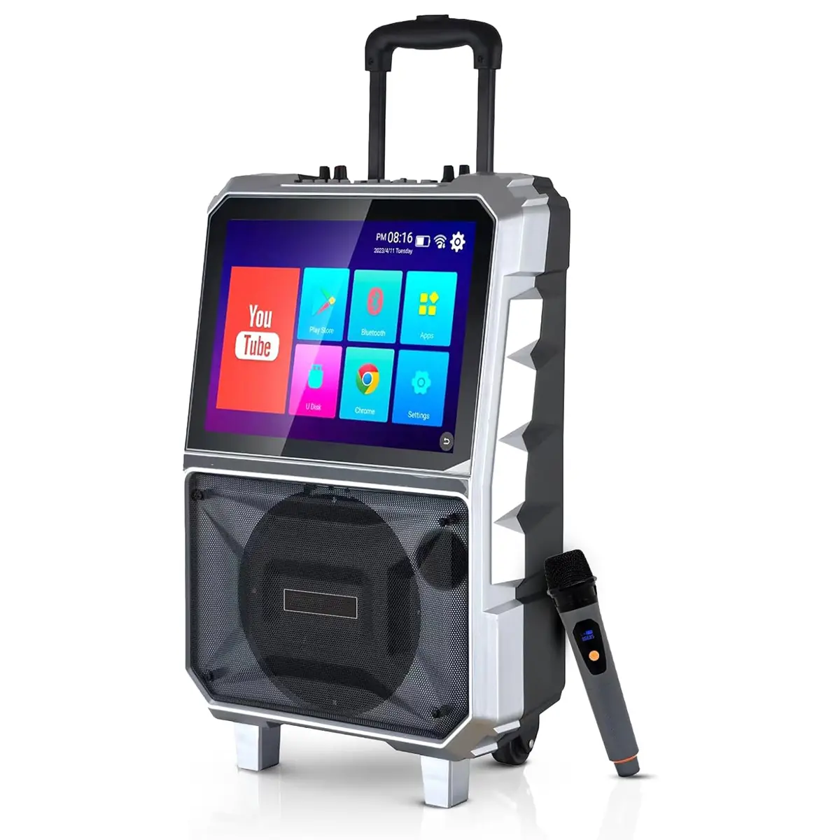 Portable Bluetooth Karaoke Machine Speaker with 1 Rechargeable Wireless Mic, 14.1in Built-in Android Tablet, Lyrics Display Screen, DJ Lights, Handle, Remote Control, High-Watts Audio System for Home & Party Use