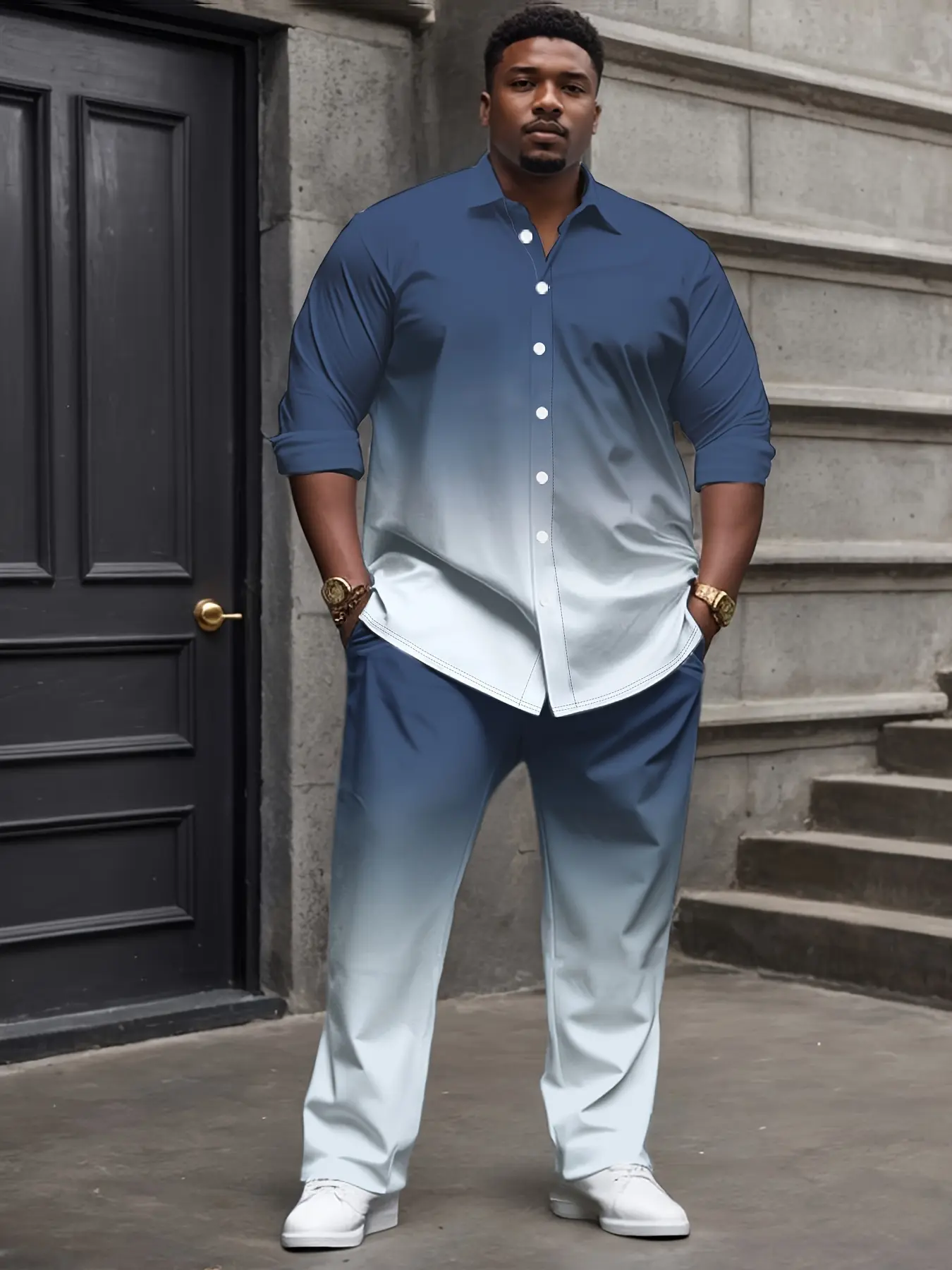 Men's Plus Size 2-Piece Polyester Blend Menswear Streetwear Tracksuit - Long Sleeve Gradient Tee, Drawstring Waist Pocket Pants, Machine Washable Athleisure Set