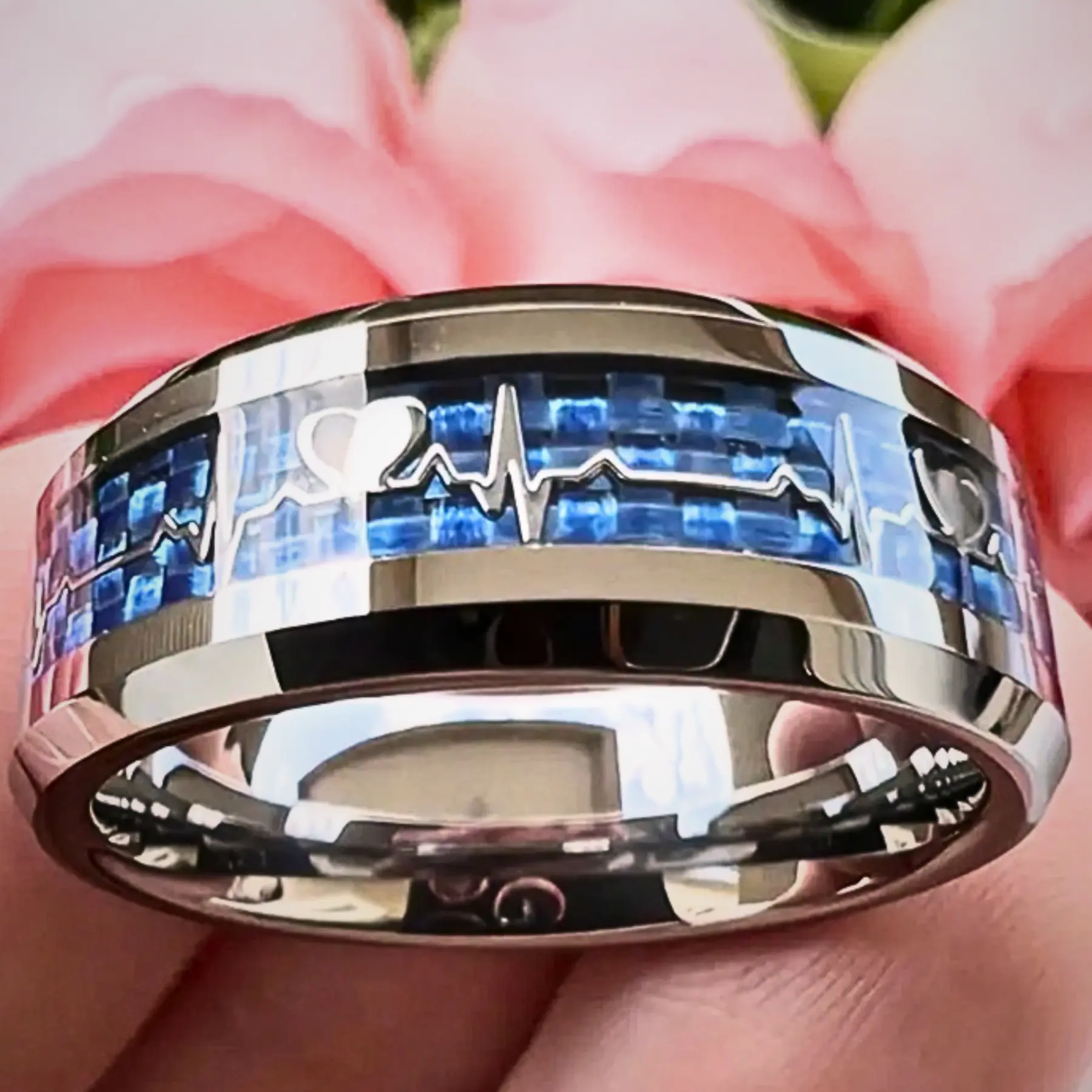 Heartbeat ECG Ring for Couples – Carbon Fiber Stainless Steel Gold Wedding Band