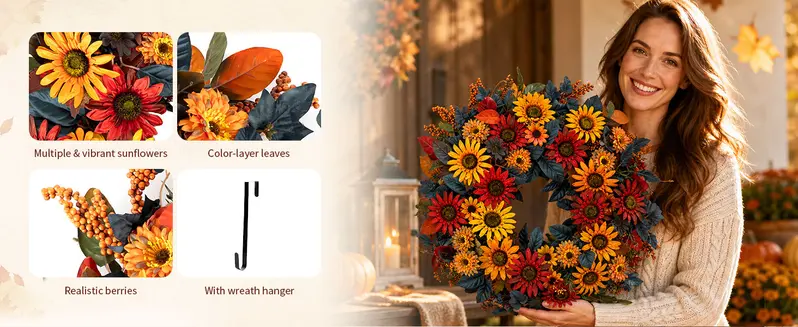 Thanksgiving Fall Wreath with Berries & Leaves, Hook Included, Festive Home Decor for Porch Wall, Room Decor