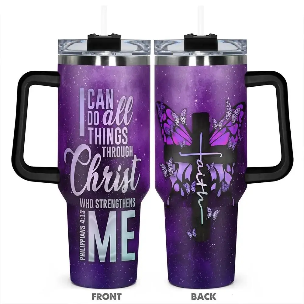 40oz Insulated Stainless Steel Christian Water Bottle with Handle, Scripture Butterfly, Philippians 4:13 Faith Cross, Purple Starry Sky Religious Drinkware for Women Gifts