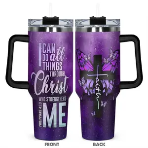 40oz Insulated Stainless Steel Christian Water Bottle with Handle, Scripture Butterfly, Philippians 4:13 Faith Cross, Purple Starry Sky Religious Drinkware for Women Gifts