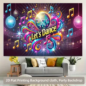 1pc Let's Dance Party Backdrop Banner - Neon Disco Ball & Musical Notes Photography Background - No Power Needed, Easy Hang with Adhesive - for Birthday, Wedding, Photo Booth, Home/Garden Decor - Vibrant Purple/Blue/Pink/ Golden/Black/White/ Yellow/ -