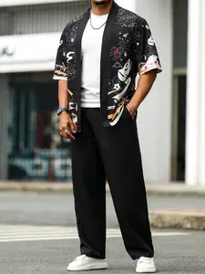 Summer Japanese Fox Mask Kimono Cardigan, Loose Seven-Quarter Sleeve Quilted Coat, Ukiyo-E Cherry Blossom Print Streetwear Outer Shirt