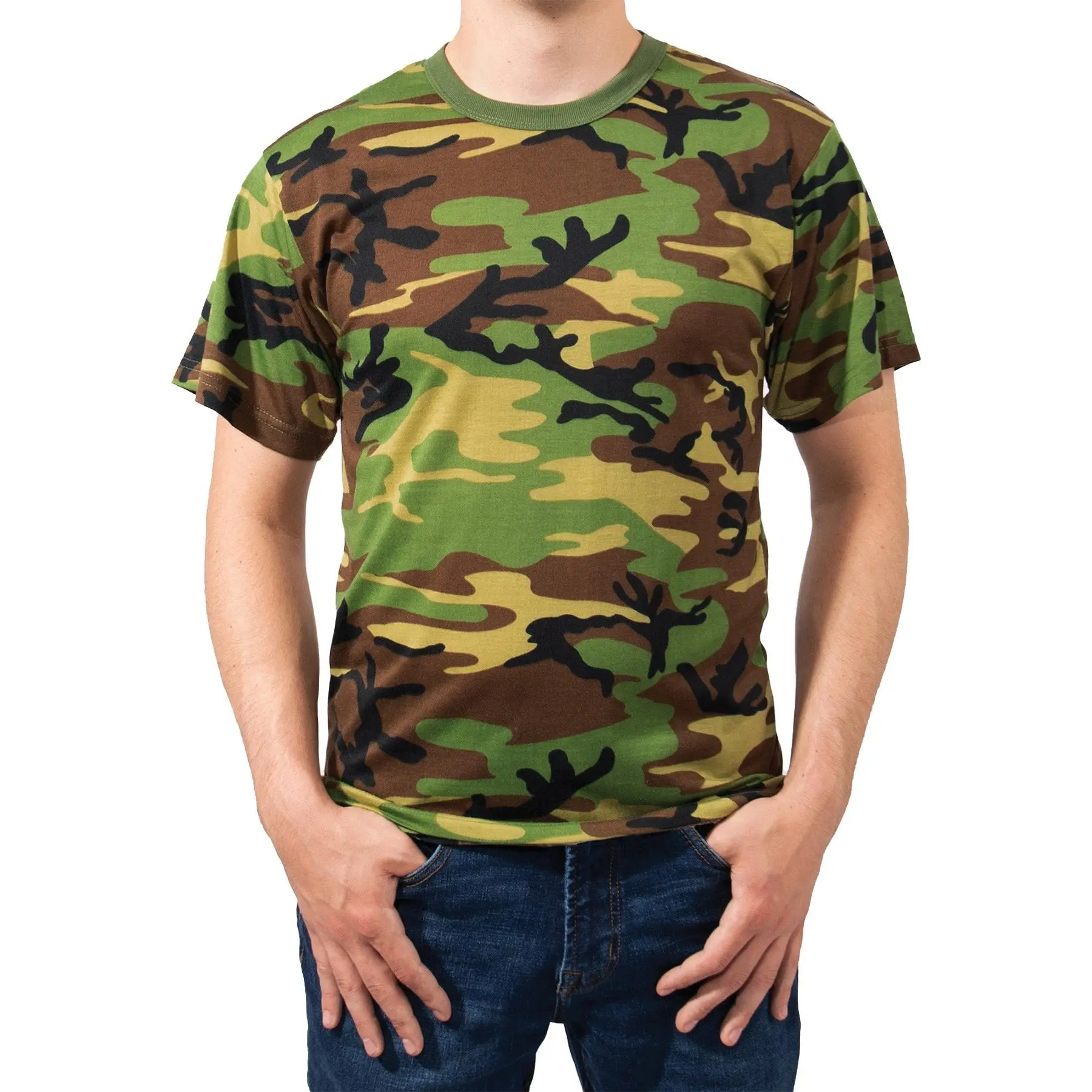 Men's Woodland Camouflage Tactical Short-Sleeve Moisture-Wicking Polyester T-Shirt - Round/Crew Neck, Tagless Label, Casual Athletic Uniform Base Layer, Breathable Cooling Undershirt