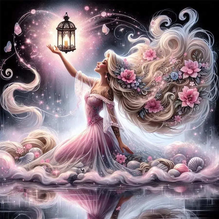 5D DIY Diamond Arts Colorful Painting Kit, Long Hair Girl with Lantern Pattern Diamond Arts Colorful Painting, DIY Decorative Art Picture for Beginner, Craft