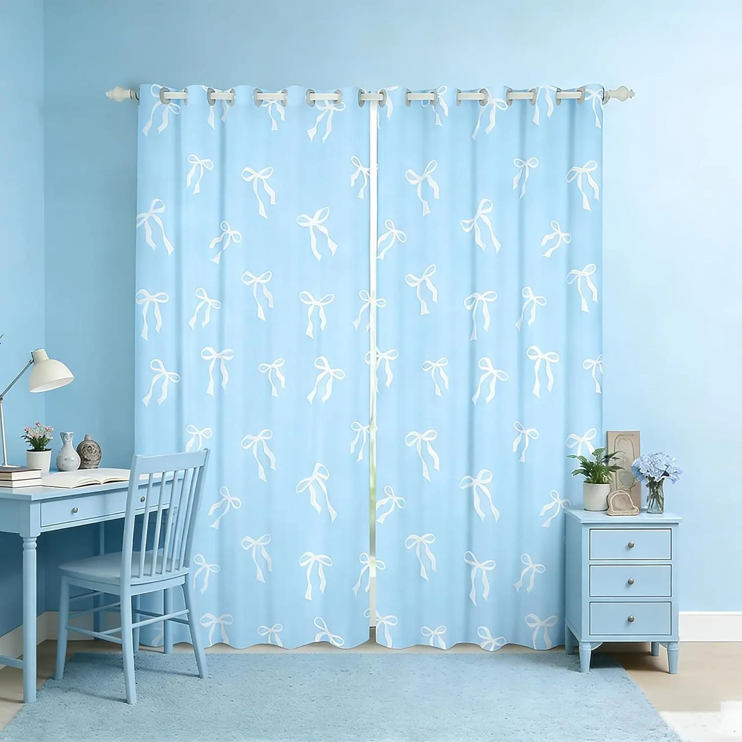 Cute Ribbon Bowknot Blackout Curtains 30-50% White Bows Curtains Blue Princess Window Treatments Modern Simple Bow Knot Curtain Drapes 2 Panels