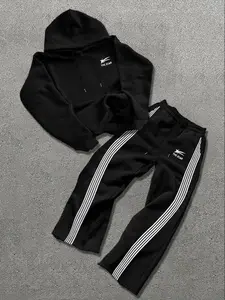 Two-piece Set Men's Thermal Lined Star Graphic Drawstring Hoodie & Striped Print Pocket Sweatpants, Regular Fit Streetwear Casual Long Sleeve Hooded Sweatshirt & Jogger Pants, Men's Two-piece Outfits for Fall & Winter