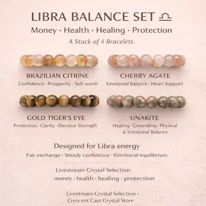 [Quiet Light] Libra Balance Set — Money • Health • Healing • Protection (Stack of 4 Bracelets Including 5A Brazilian Citrine, Gold Tiger's Eye, Unakite, Cherry Agate)