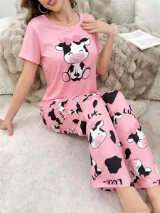 Women's Cow Cartoon Print Sleepwear Set, Fall & Winter Short Sleeve Long Pants Pajamas, Casual Fitted Heart Pattern, Loungewear, Pjs, Pyjamas