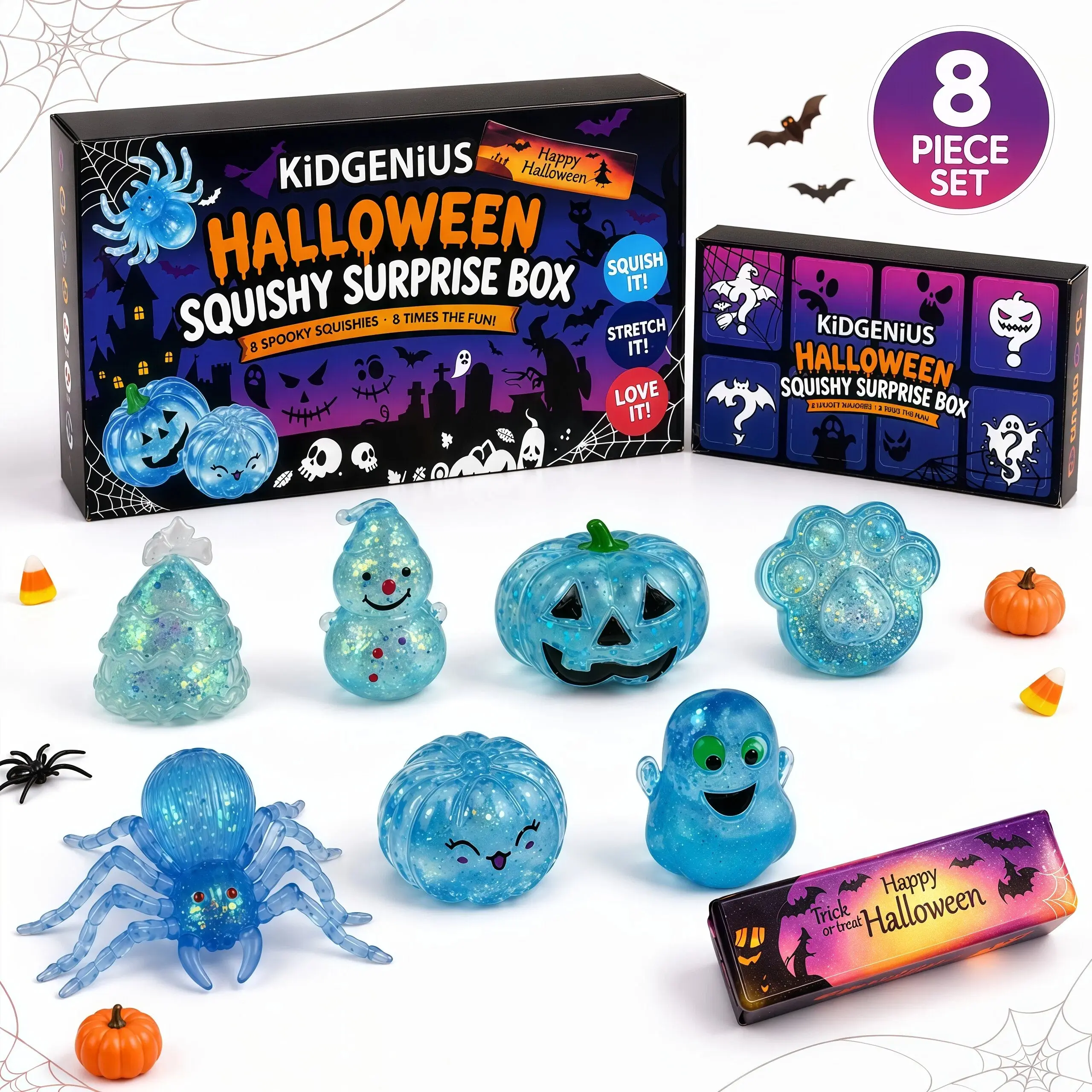 KIDGENIUS Satisfying Sensory Fidget Halloween Party Favors | 8 Pack Squishy Surprise Box for Kids